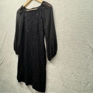 Adrianna Papell Black Lace Midi Dress, Sheer 3/4 Cap Sleeve, Size Small